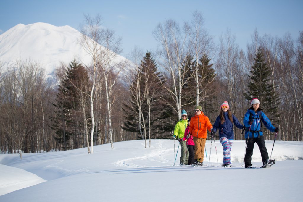 Winter activities in Niseko, Japan, including snowshoeing, snowmobiling, hot springs, snow rafting, ice fishing, and exploring snowy landscapes.