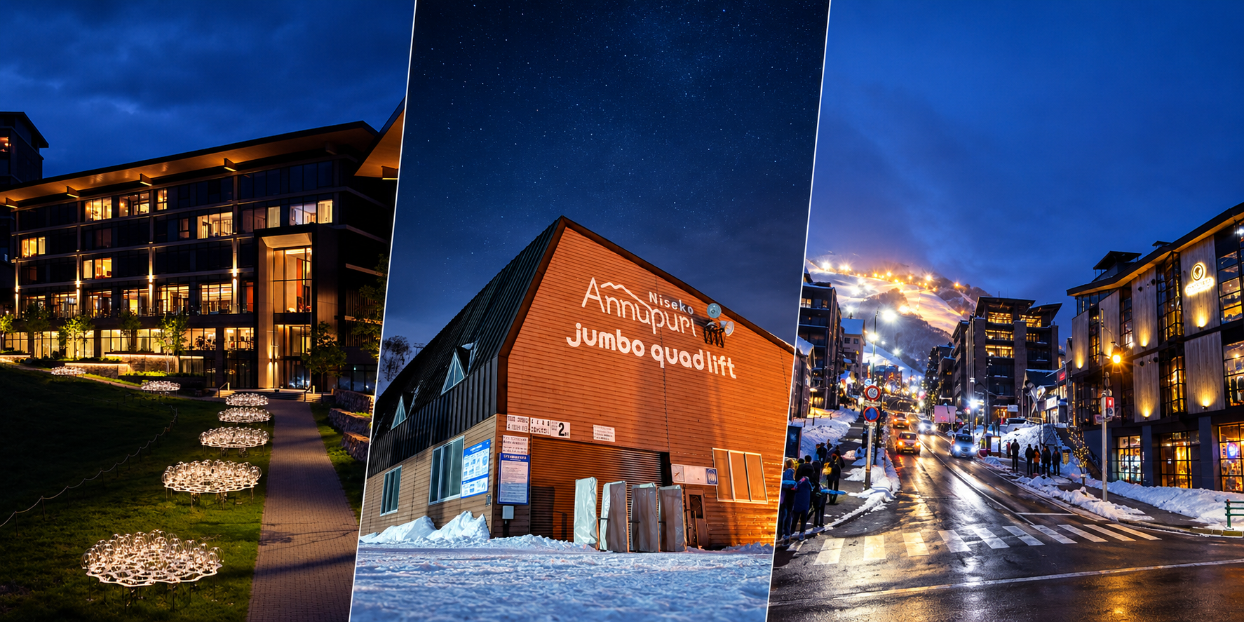 Comparison of Niseko accommodation and winter resort scenery in Hirafu, Annupuri, and Hanazono, Japan.